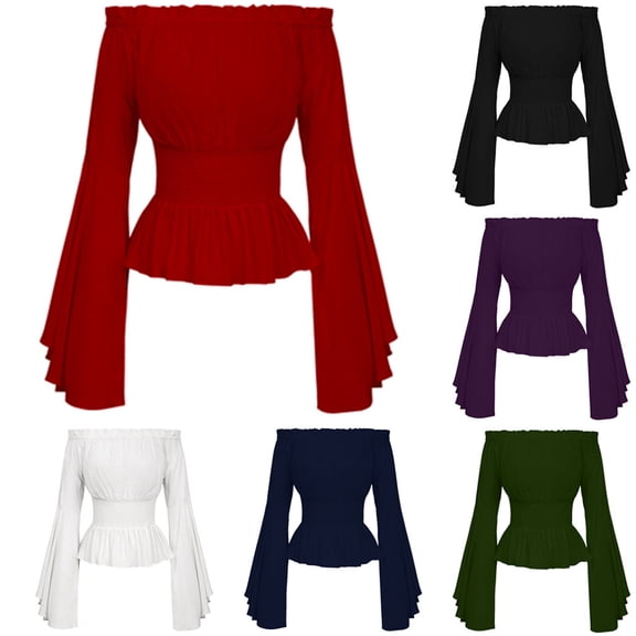 Women's T-Shirts Basic Tops Retro Off Shoulder Flare Long Sleeve Corset Cropped Solid Renaissance Summer Clothes Black