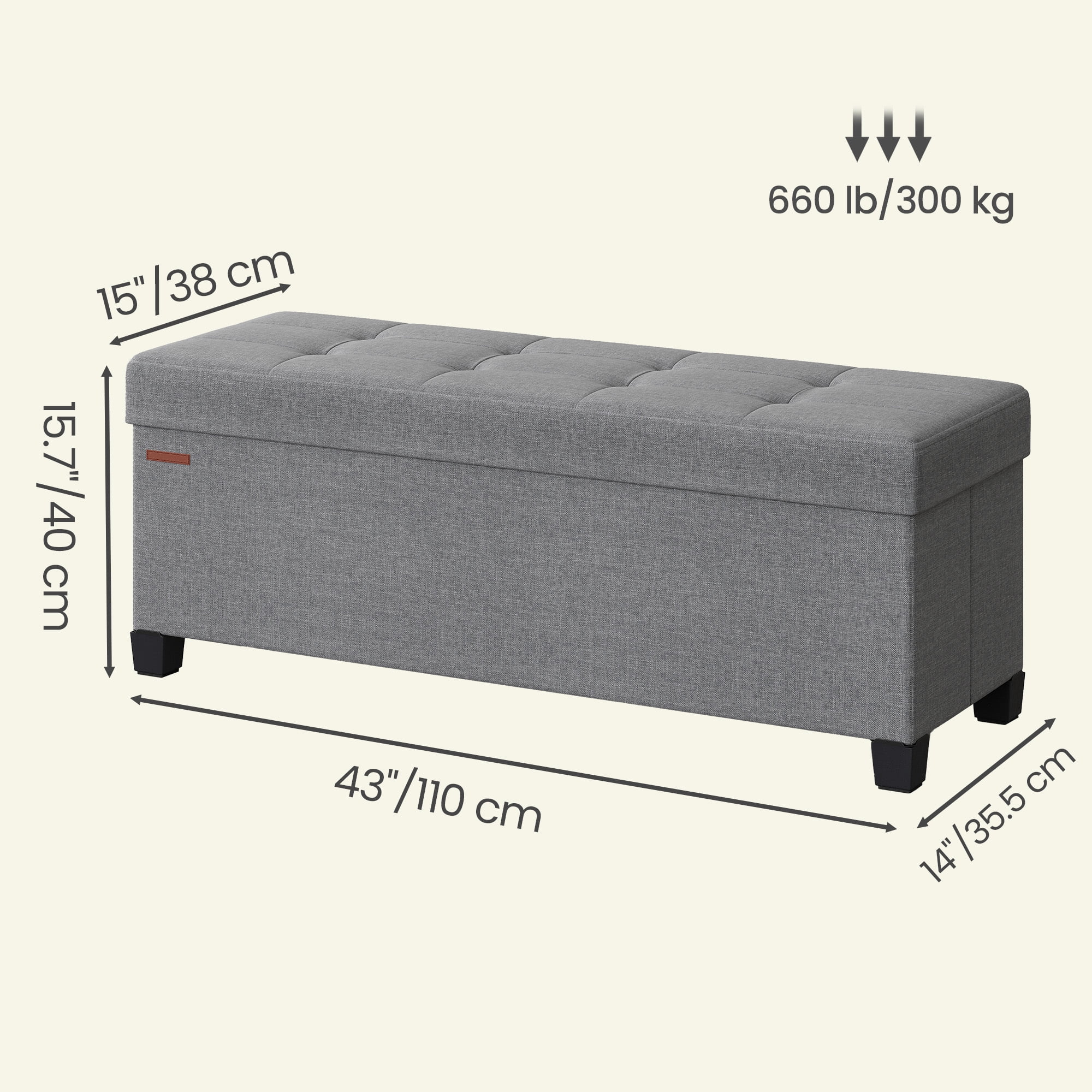 Ledrem Large Folding Storage Ottoman Bench with Footrest, Dove Gray
