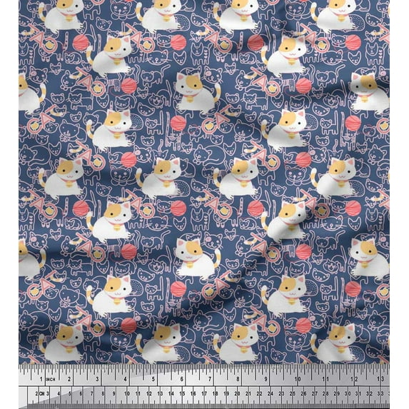 Soimoi Rayon Crepe Fabric Wool & Cat Kids Fabric Prints by Yard 46 Inch Wide