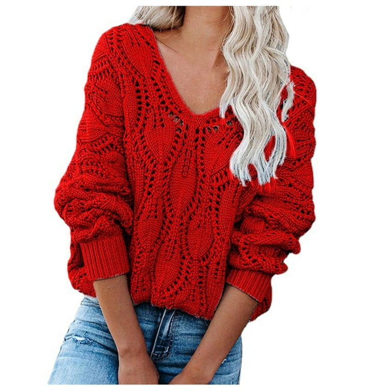 Womens Sexy Red Tunic Sweater 2022 Fall Fashion to Wear with Leggings  Chunky Hollow Out Knit Casual Tops Cozy Pullover