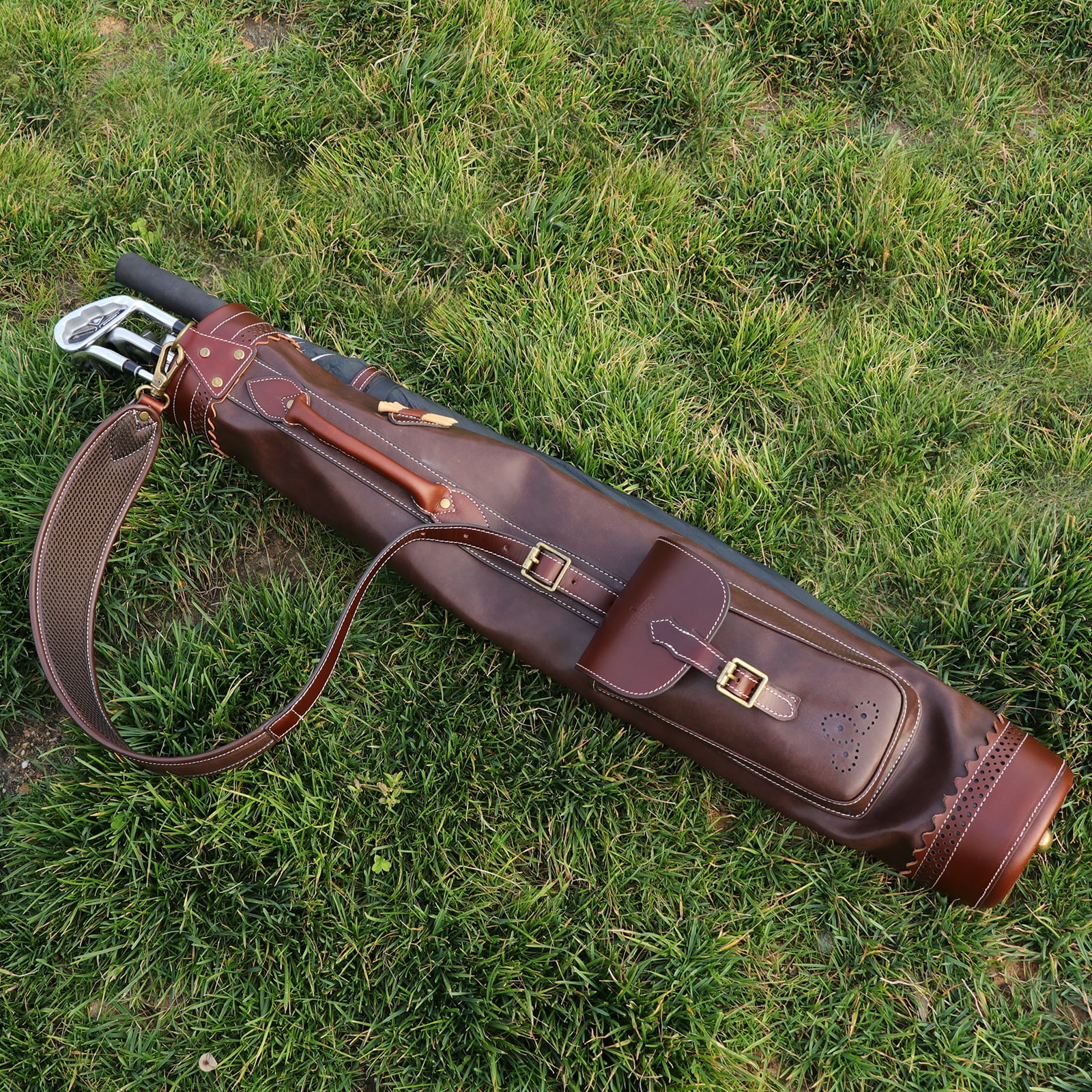 TOURBON Pencil Style Golf Clubs Carrier Microfiber Leather Sunday Bag Vintage Travel Bag for Driving Range Brown Outdoor