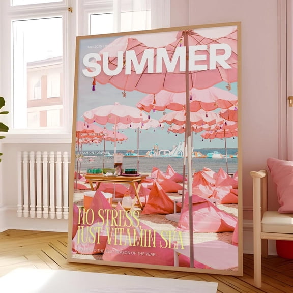 Preppy Summer Wall Art Retro Beachy Prints Hot Pink And Light Blue Coastal Poster Trendy Vintage Fashion Magazine Print Summer Wall Decor Home Decor #699, Unframed Poster Size 8x12