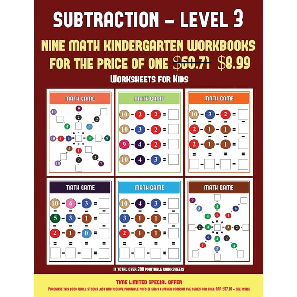 worksheets for kids worksheets for kids kindergarten subtraction taking away level 3 30 full color preschool kindergarten subtraction worksheets includes 8 printable kindergarten pdf books worth 60 71 series 12 paperback walmart com