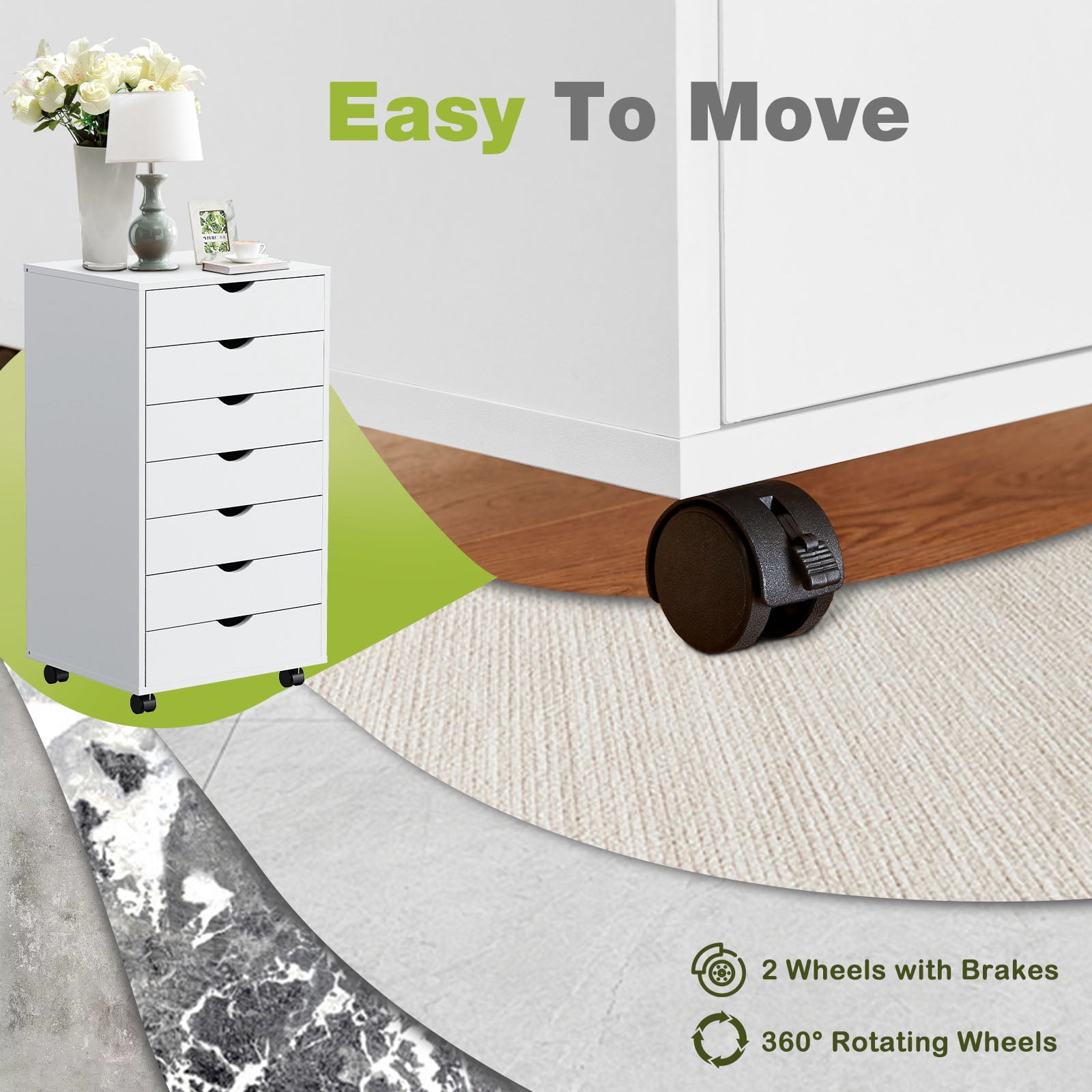 CONCETTA 7-Drawer Wooden Storage Chest, Mobile File Cabinet with Wheels, Versatile Dresser for Home, Office, or Bedroom Organization, White
