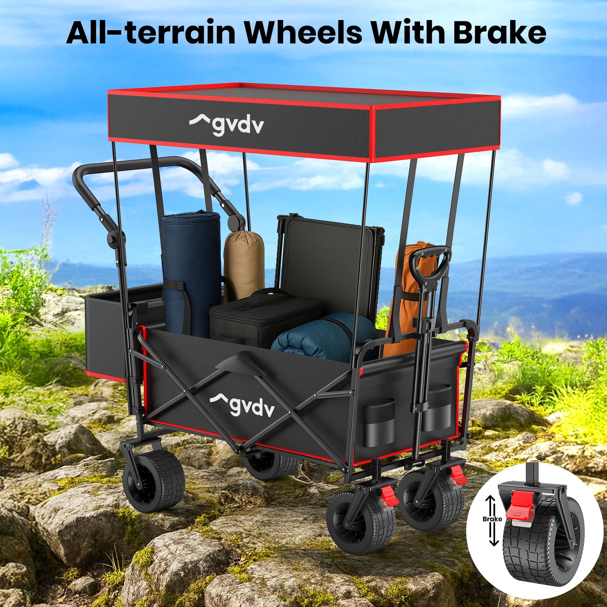 GVDV Collapsible Wagon Cart with Removable Canopy, Foldable Utility Cart with All-terrain Wheels, Versatile Folding Wagon for Kids, Grocery, Shopping and Camping, Black