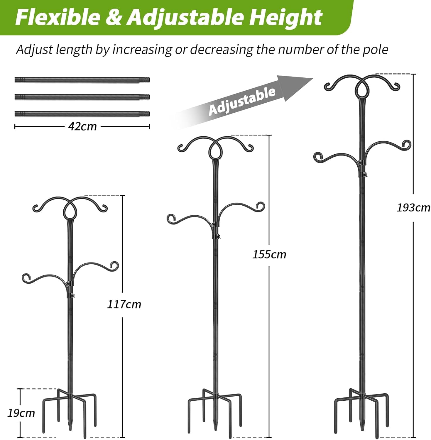 KOLAKO Bird Feeders Hanging Station, 193cm Bird Feeder Pole, Heavy Duty Bird Feeding Station, Garden Shepherds Crook Hooks for Outdoors Lanterns Light, Black