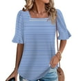 thumbnail image 2 of GSPCLAM Women's T-Shirts Striped Pattern Crew Neck Loose Fit Tops for Outgoing Summer Fashionable Flow Blouse Light Blue L, 2 of 6