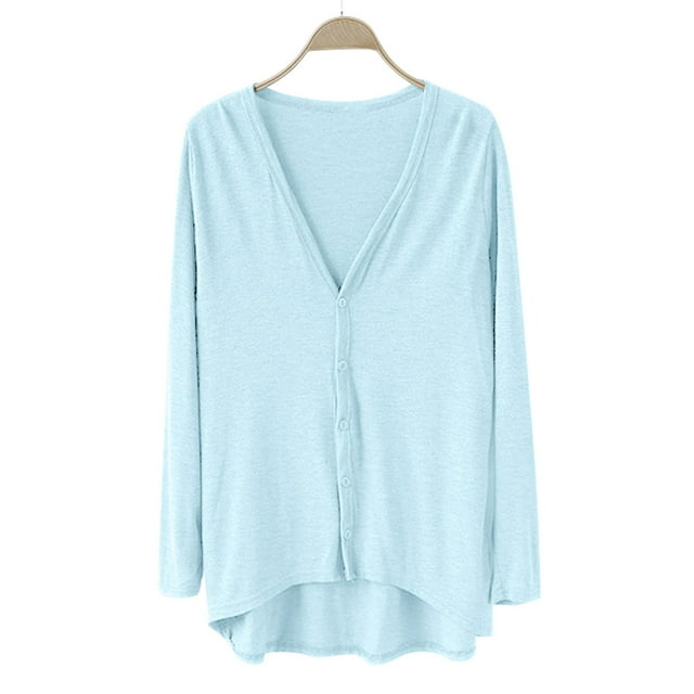 Duoif Lightweight Cardigans for Women Ladies' V Neck Front Short Rear Long Irregular Long Sleeve Cardigan Womens Cardigans Light Blue