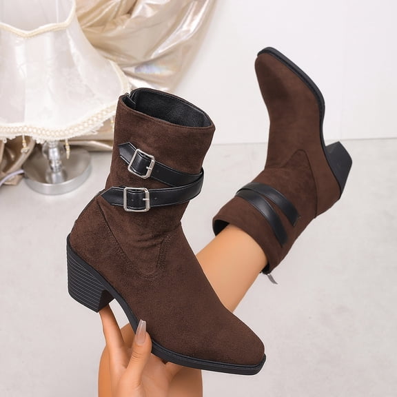 OKBOP Women's Lace-Up Boots Round Toe Zip-Up Foam Cushioning Block Heel Brown Stylish Women's Boots Sizes 36