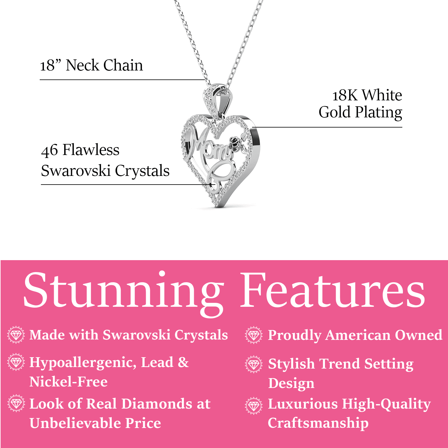 Cate & Chloe Rhonda 18k White Gold Plated Mom Heart Necklace with Swarovski Crystals for Women