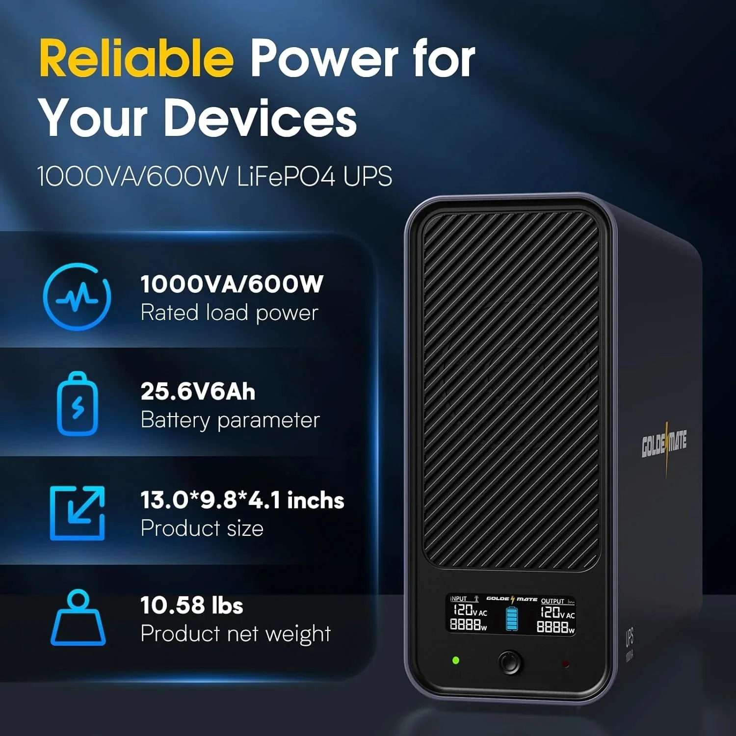 GOLDENMATE 1000VA/600W Lithium UPS Battery Backup & Surge Protector, Backup Battery Power Supply with LiFePO4 Batteries(153.6 Wh), Sinewave UPS System, 10 Years Lifespan, 8 Outlets, LCD Display
