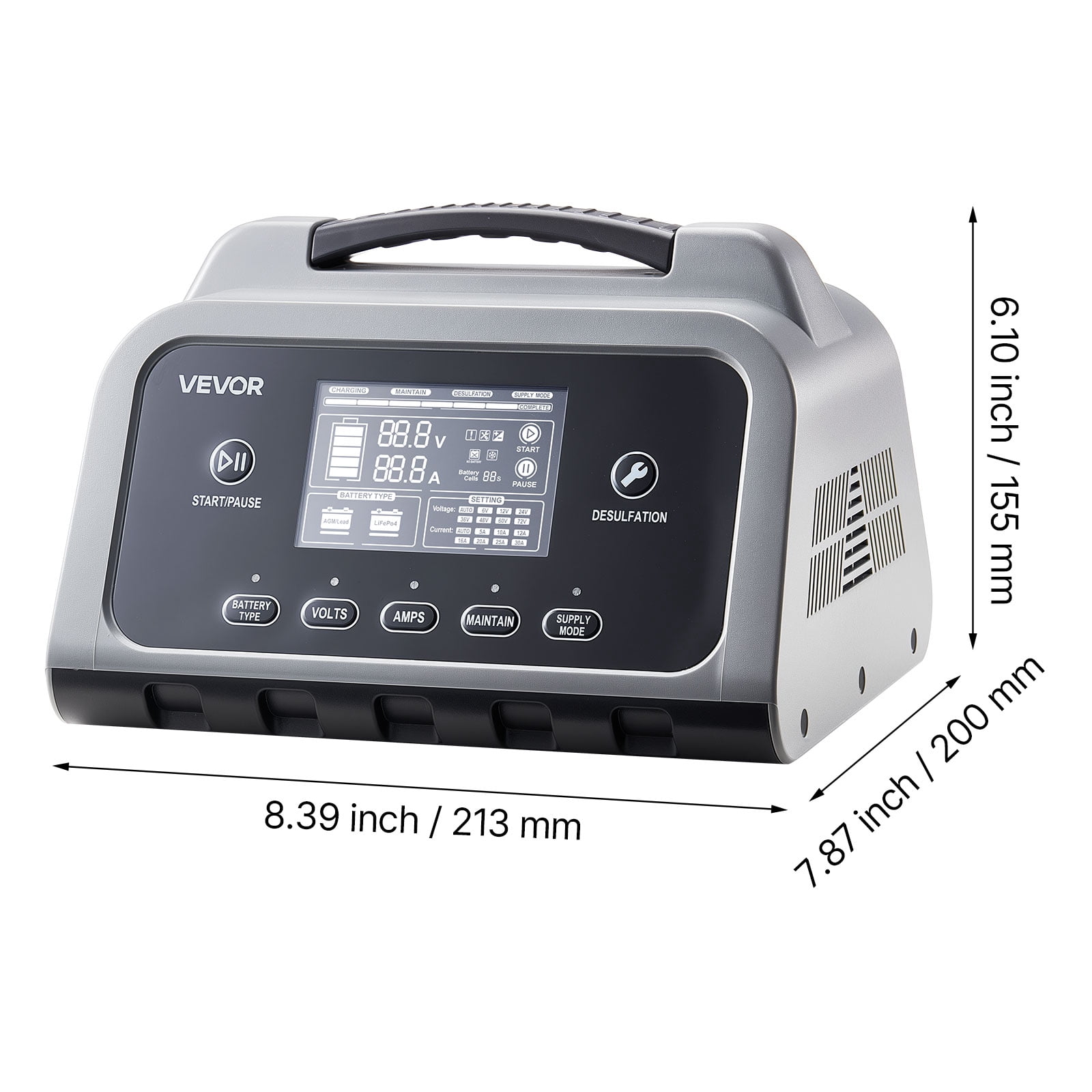 VEVOR Smart Battery Charger, 30A, 6V 12V 24V LiFePO4 Lead-Acid (Gel/AGM) Lithium Car Battery Charger, with LCD Display, Trickle Charging Maintainer Desulfator, for Car, Boat, Motorcycle, Lawn Mowers