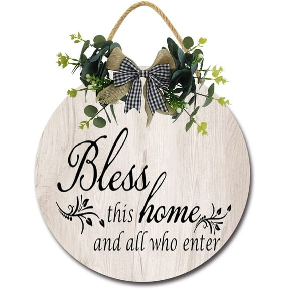 Eveokoki 12" Door Wooden Hanging Sign,Bless This Home 02 Sign Front Door Decor with Bowknot Rustic Farmhouse Wood Sign Door Hanger for All Season All Holiday Home Office Shop Window