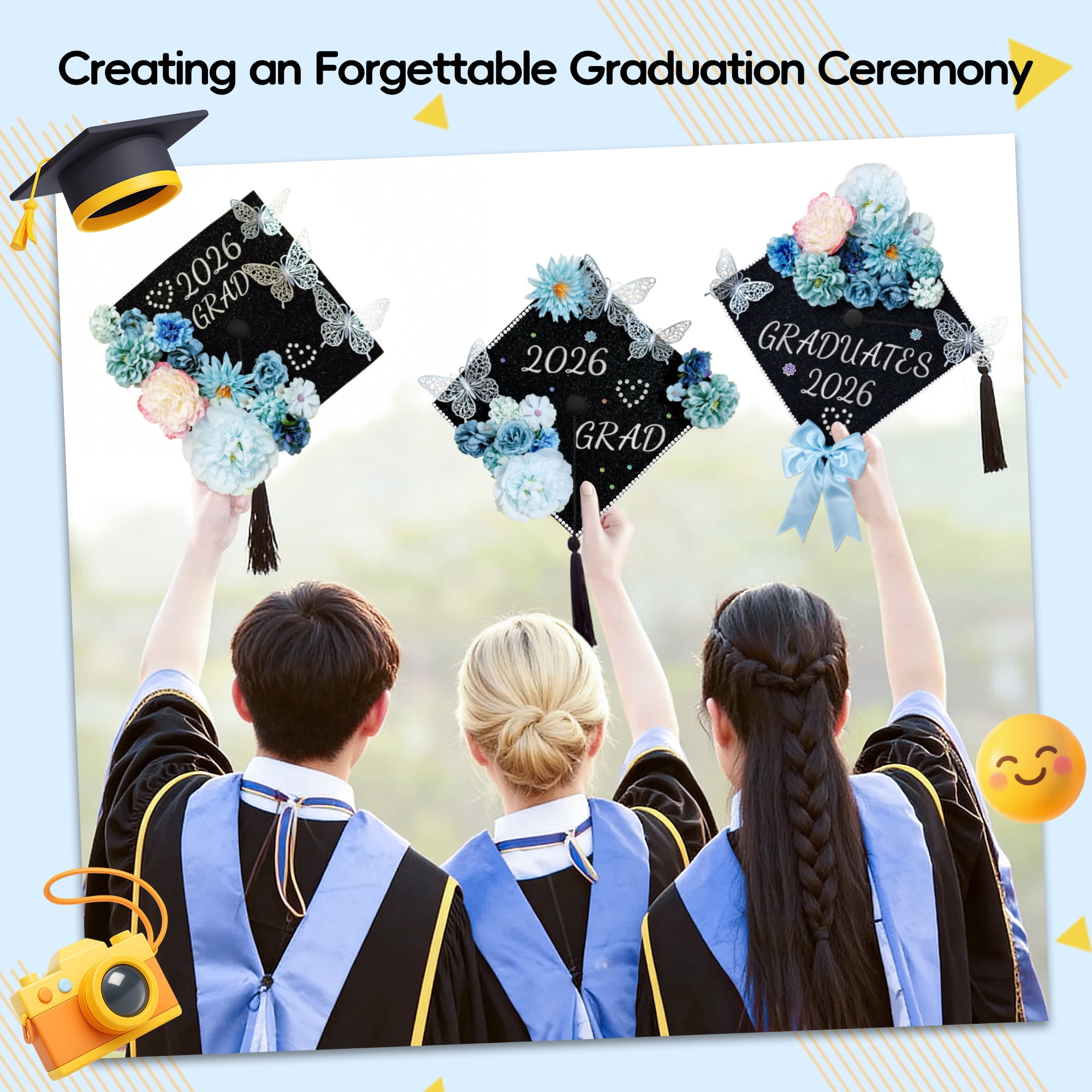 2026 Graduation Cap Decorations Kit, 56 Pcs DIY Grad Cap Topper Set with Artificial Flowers, Bow, 3D Butterflies, Glitter Letters, Rhinestones for High School College Graduation