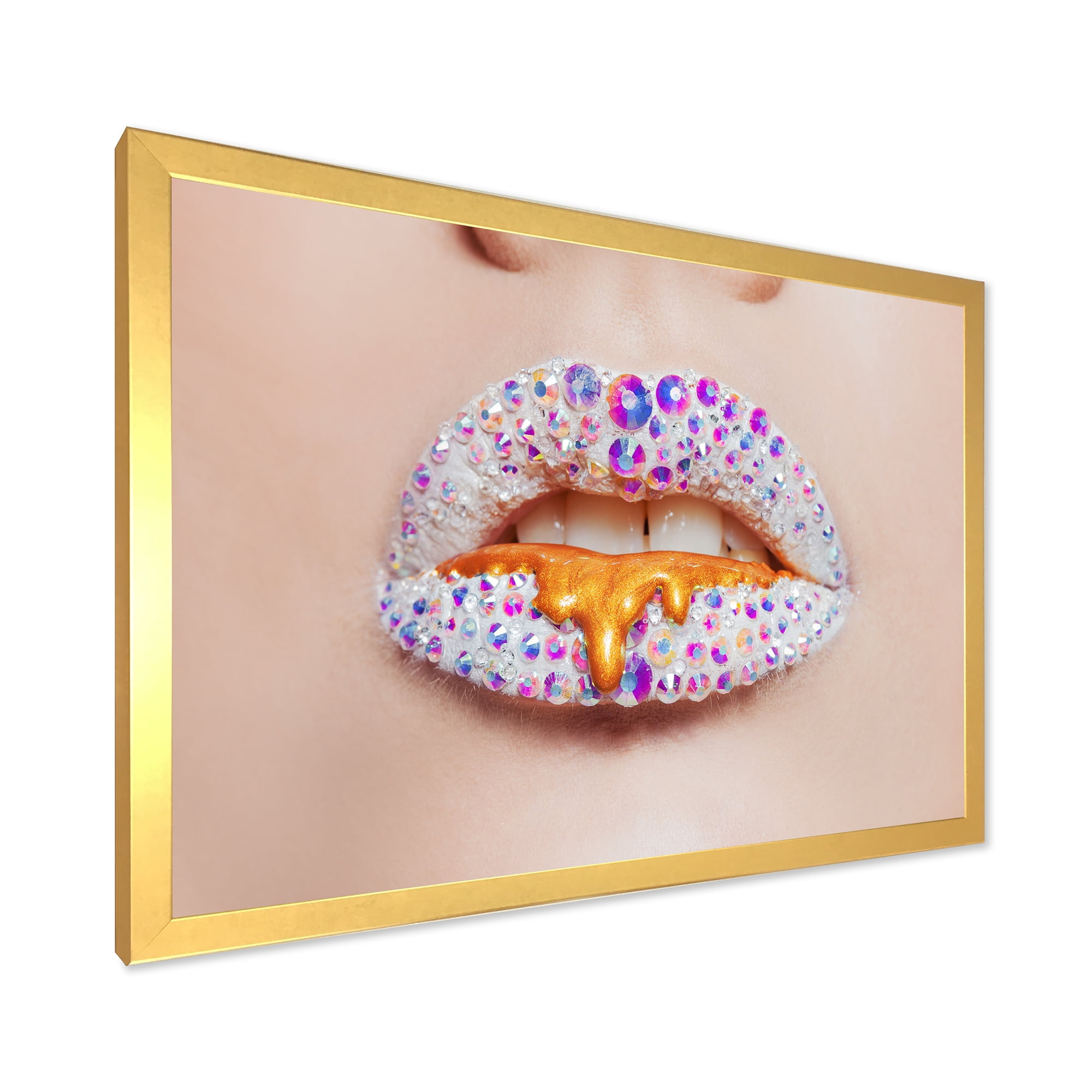 Designart 'Shining Woman Lips Covered With Rhinestones and Smudges' Modern Framed Art Print