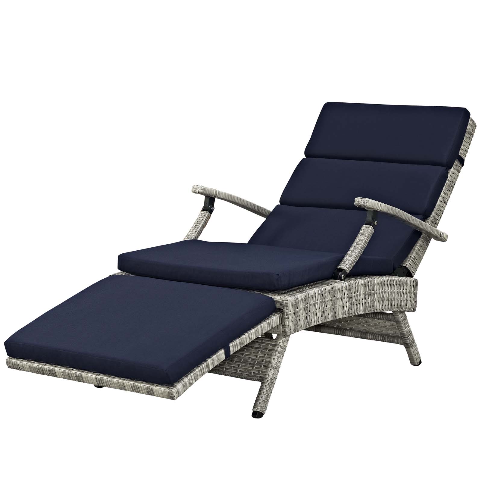 Contemporary Modern Urban Designer Outdoor Patio Balcony Garden Furniture Lounge Chair Chaise, Fabric Rattan Wicker, Navy Blue - image 4 of 9