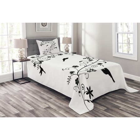 Black And White Bed Spreads Black and White Bedspread Set, Victorian Curves Swirls with Bird Silhouettes Monochrome Flora and Fauna, Decorative Quilted Coverlet Set with Pillow Shams Included, Black White, by Ambesonne ()