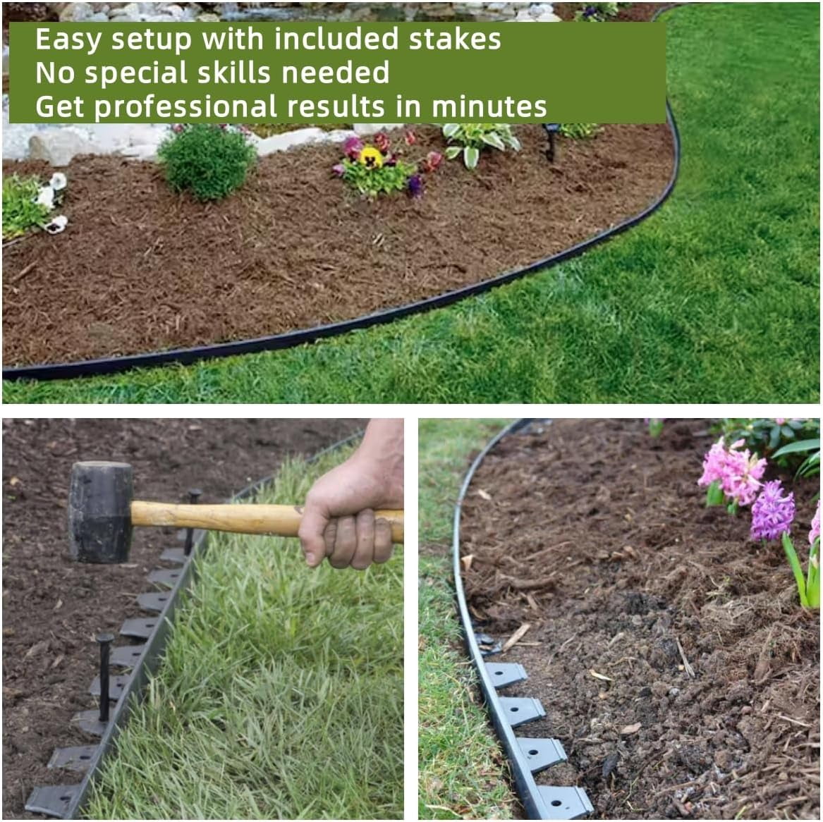 No Dig Garden Landscape Kit, Black Plastic Lawn Border, 24pcs Anchoring  Spikes (20FT) - Walmart.com, image size:1167x1166