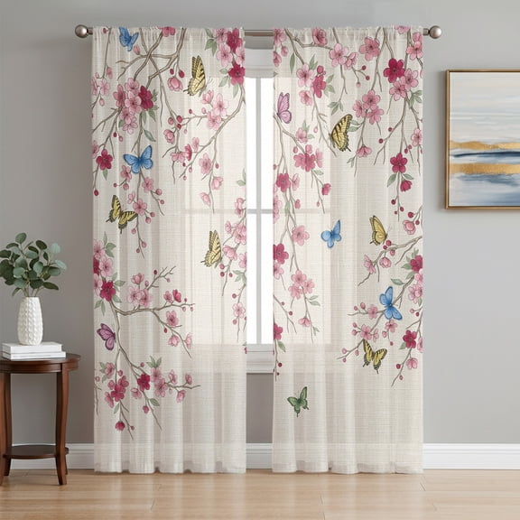 Pink Spring Floral Sheer Curtains 96 Inch Length 2 Panels Set, Farmhouse Flowers Rustic Butterfly Voile Window Treatment Semi Sheer Long Curtains Drapes for Bedroom/Living Room/Kitchen 52"x96"x2