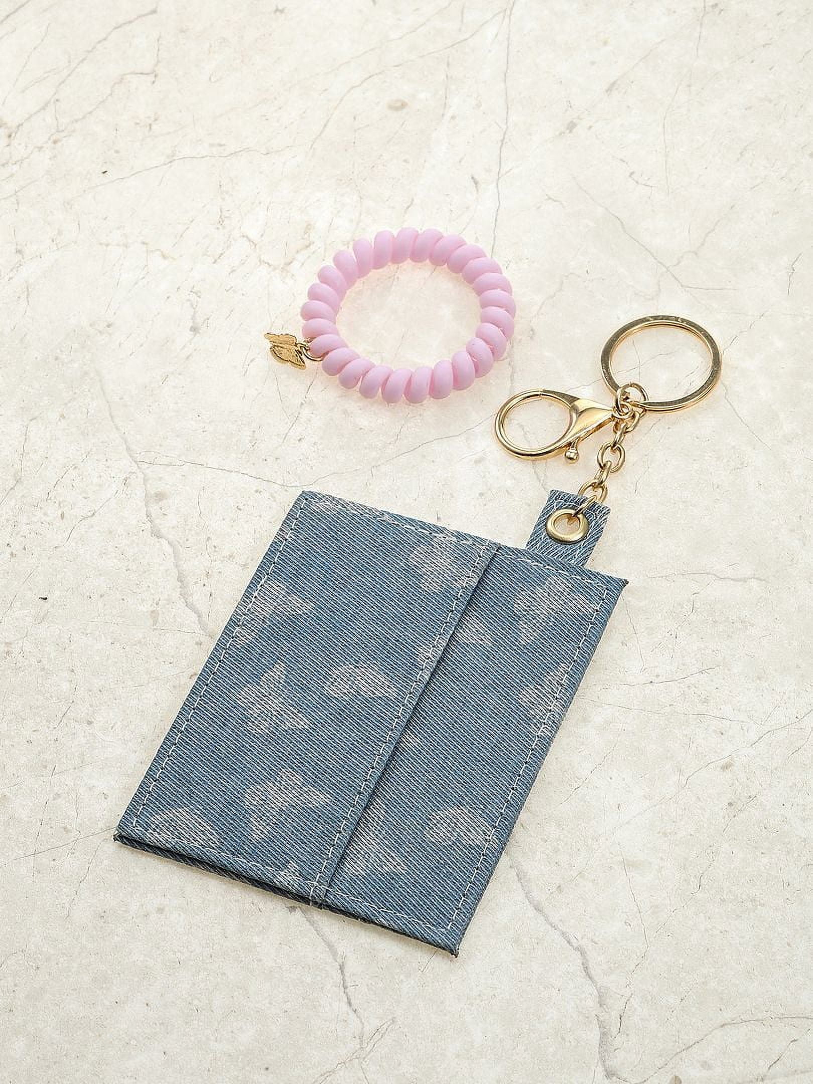 No Boundaries Fabric ID Holder Keychain with Stretch Coil Bracelet, Blue Denim