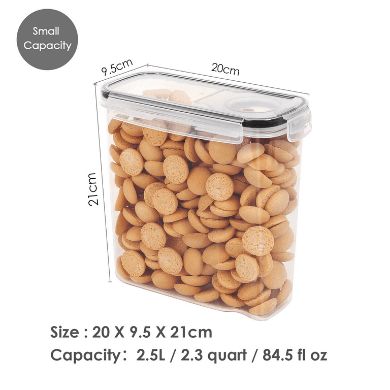 Vtopmart Cereal Dispenser, 4 Pcs Plastic Airtight Food Storage Containers, for Snacks and Sugar, 84.5 fl oz, Small, Size: 7.9L x 3.7Hx 8.3W, Clear