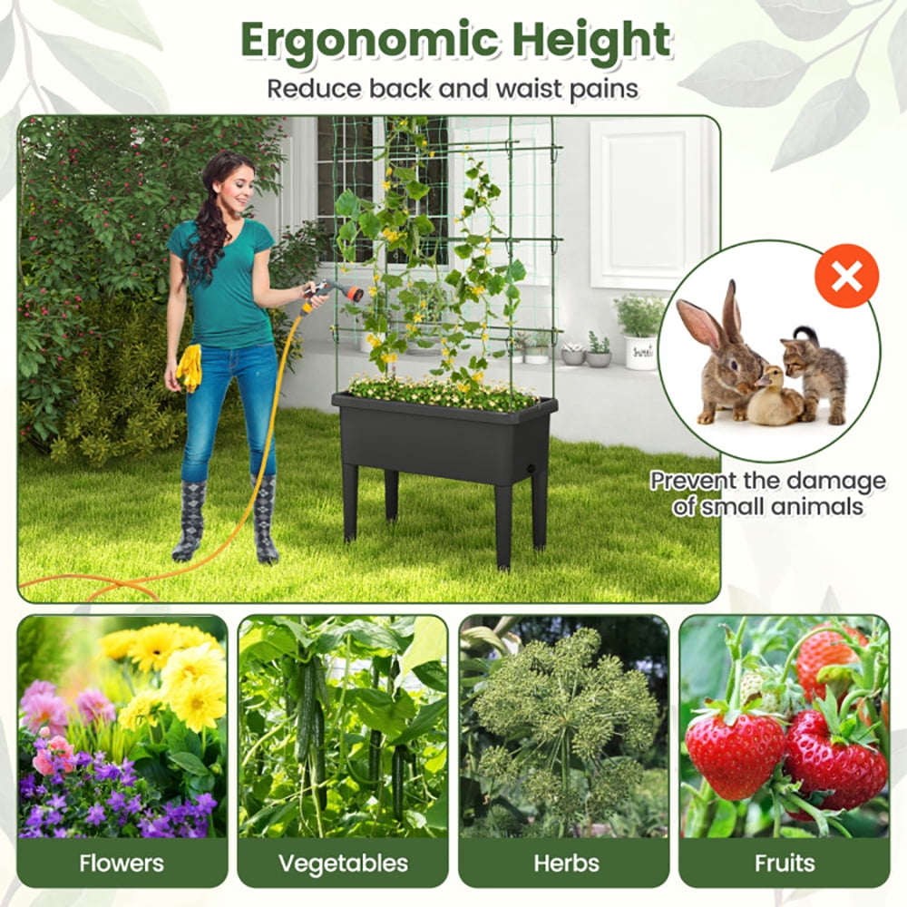 Yardi Yard Self-watering Raised Garden Bed Elevated Planter with Climbing Trellis-Black, Raised Garden Bed for Patio or Yard Gardening