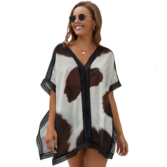 Texture of Brown Cowhide with Brown Spots Beach Cover Ups for Women Bathing Suit Cover Up Lace Bikini Swimsuit Coverup Beach Dress Shirt One Size