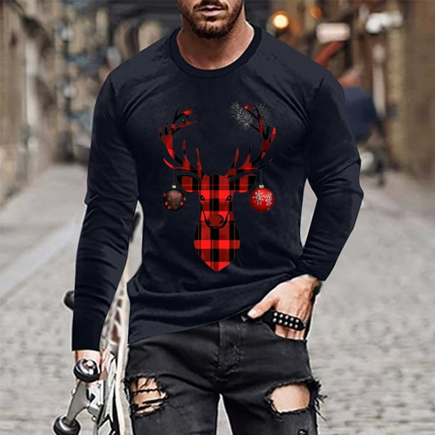 Blusas y camisas de manga larga y cuello redondo para hombre, informales, con estampado navideño, deportivas, de poliéster.