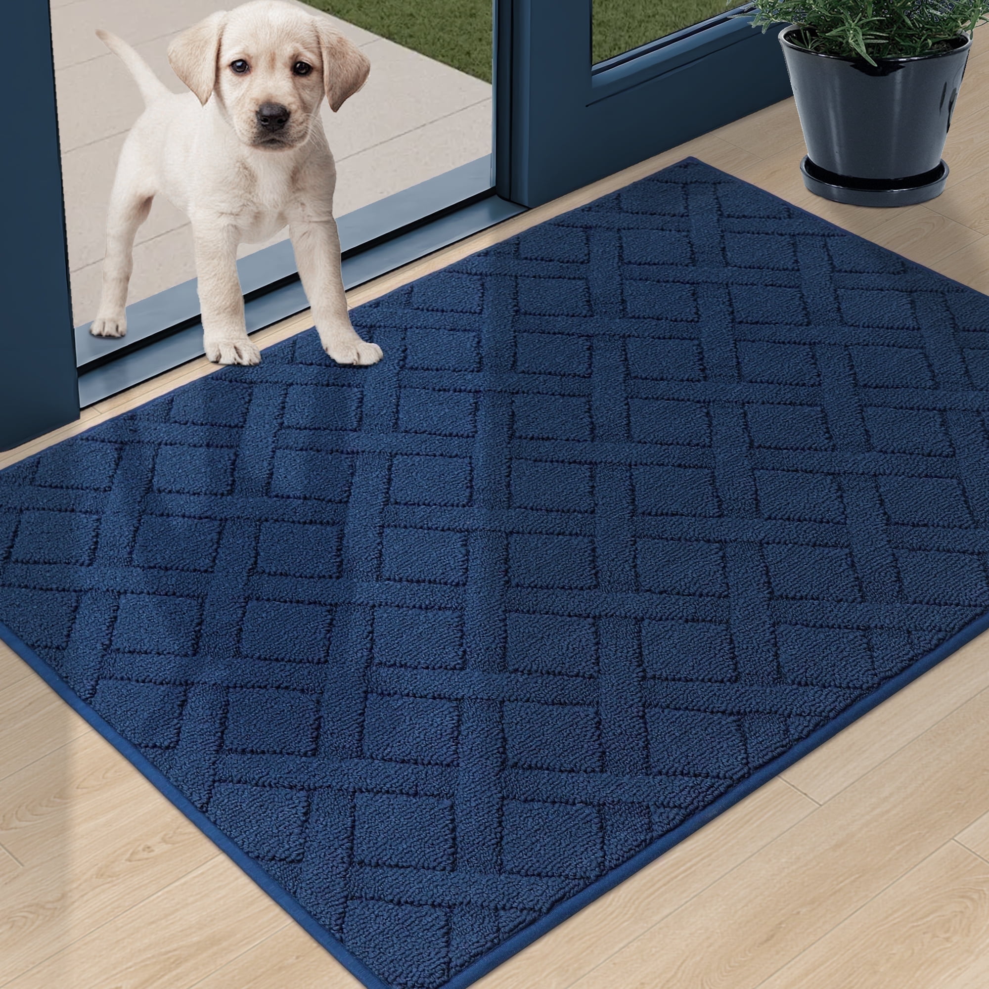 FLOORHUG Indoor Dog Doormat, 32"x48", Non-Slip Front Door Mat for Entrance, Absorbent Resist Dirt Door Rug for Inside, Low-Profile Welcome Mat, Entryway Rug Machine Washable, Blue