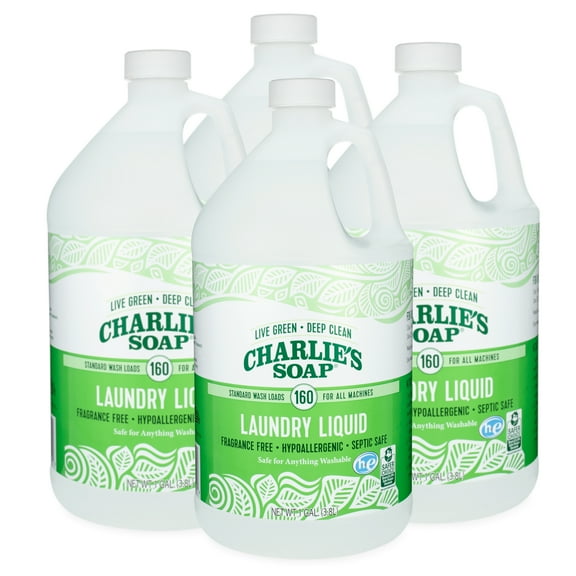Charlie’s Soap, Laundry Liquid 160 Loads, Fragrance Free, 128 fl oz - 4 Pack