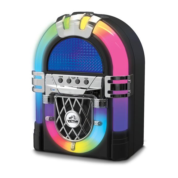 VICTOR VDTJ-1000 Mini Bluetooth Jukebox with Multicolor LED Lighting, Rechargeable Battery, Built-in Stereo Speakers, USB/SD Playback, and 3.5mm Aux Input for Wireless and Wired Music Streaming