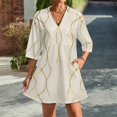 thumbnail image 2 of Abstract Gold Cream Wavy Lines Womens Dress With Pockets Summer V Neck 3/4 Sleeve Dress Plus Size Loose Dress, 2 of 7