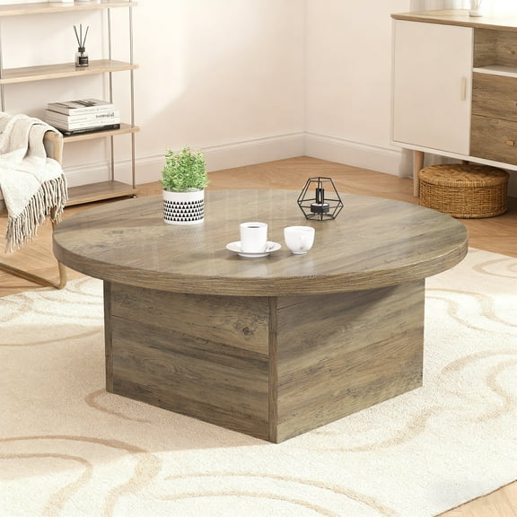 Vipbear Coffee Table with Storage, Wood Coffee Table, Waveform Panel, Natural