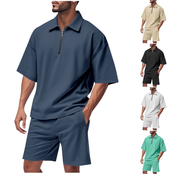 CHUMUD Mens 2 Piece Summer Outfits Classy Casual Half Zipper Collared Golf Shirt and Shorts Set Stretch 3/4 Sleeve Suit