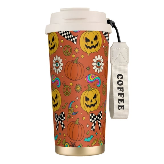 Pumpkin Tumbler 18oz Vintage Pocket Watch & Pumpkin Face, Insulated Coffee Mug with Lid