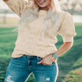 thumbnail image 3 of QJUHUNG Women Short Puff Sleeve Sweaters Loose Lightweight Pointelle Knit Pullover Tops, 3 of 5