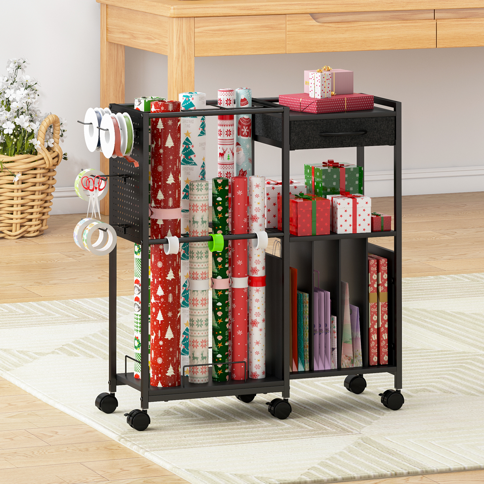 Advwin Gift Wrapping Paper Storage Cart with Drawer, Rolling Gift Wrap Station with Ribbon & Gift Bage Storage, Multi-purpose Craft Organizer Rack for Home, Office, School or Gift Shop, Black