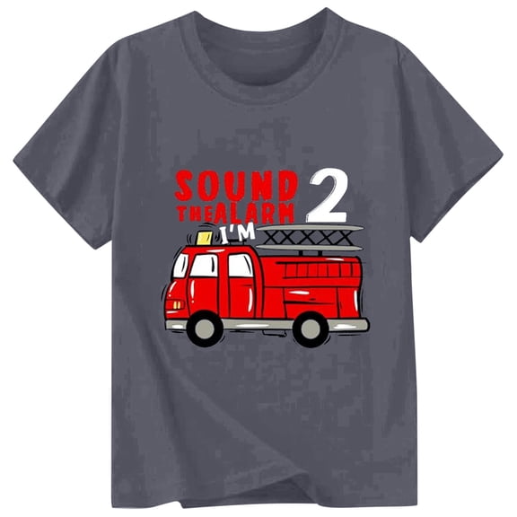 Hihipz Little Boy 2Nd Birthday Tshirt Fire Truck Print Short Sleeve Crewneck Comfy Daily Wear Graphic Tee