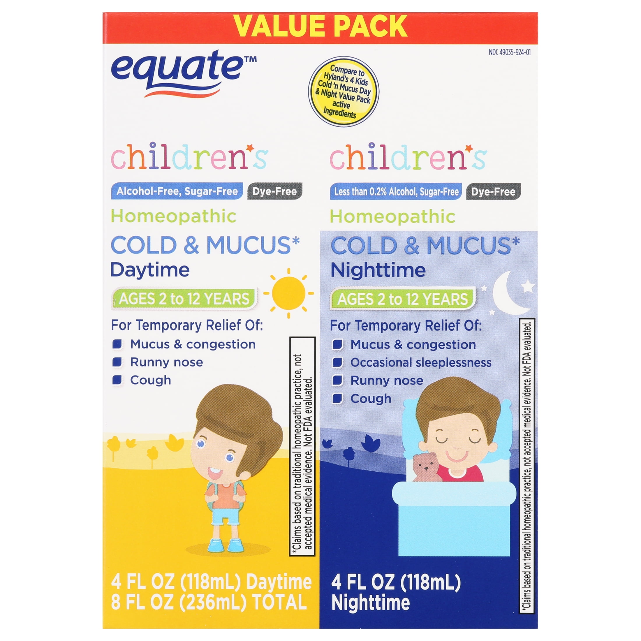 Equate Children's Homeopathic Daytime & Nighttime Cold & Mucus Liquid Twin Pack, 4 fl oz, 2 Pack Equate Children's Homeopathic Daytime & Nighttime Cold & Mucus Liquid Twin Pack, 4 fl oz, 2 Pack