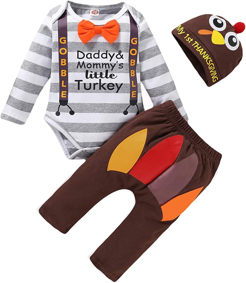 My 1st Thanksgiving Baby Boy Outfits Long Sleeve Romper Bodysuit Stripe Turkey Pants Clothes Set 
