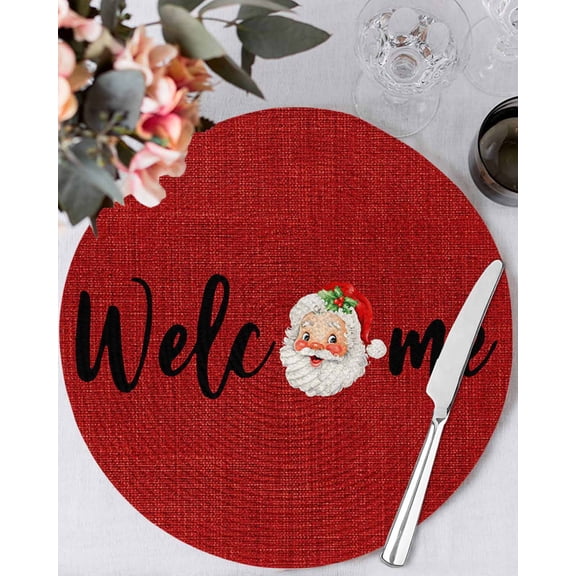 15 Inch Round Placemats Set of 6, Red Christmas Non Slip Heat Insulation PP Table Mats, Santa Xmas Rustic Farmhouse Winter Washable Place Mats for Kitchen Dining Party Table Decor
