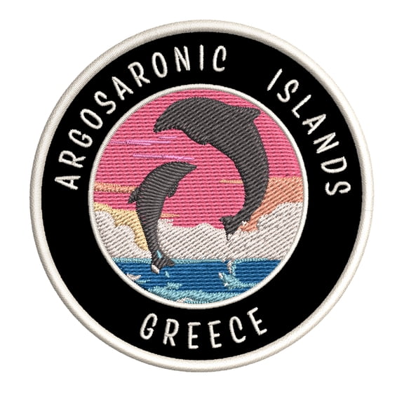 Argosaronic Islands, Greece Dolphin Sunset 3.5 Inch Iron Or Sew On Embroidered Fabric Badge Patch Ocean Beach, Salt Life Iconic Series