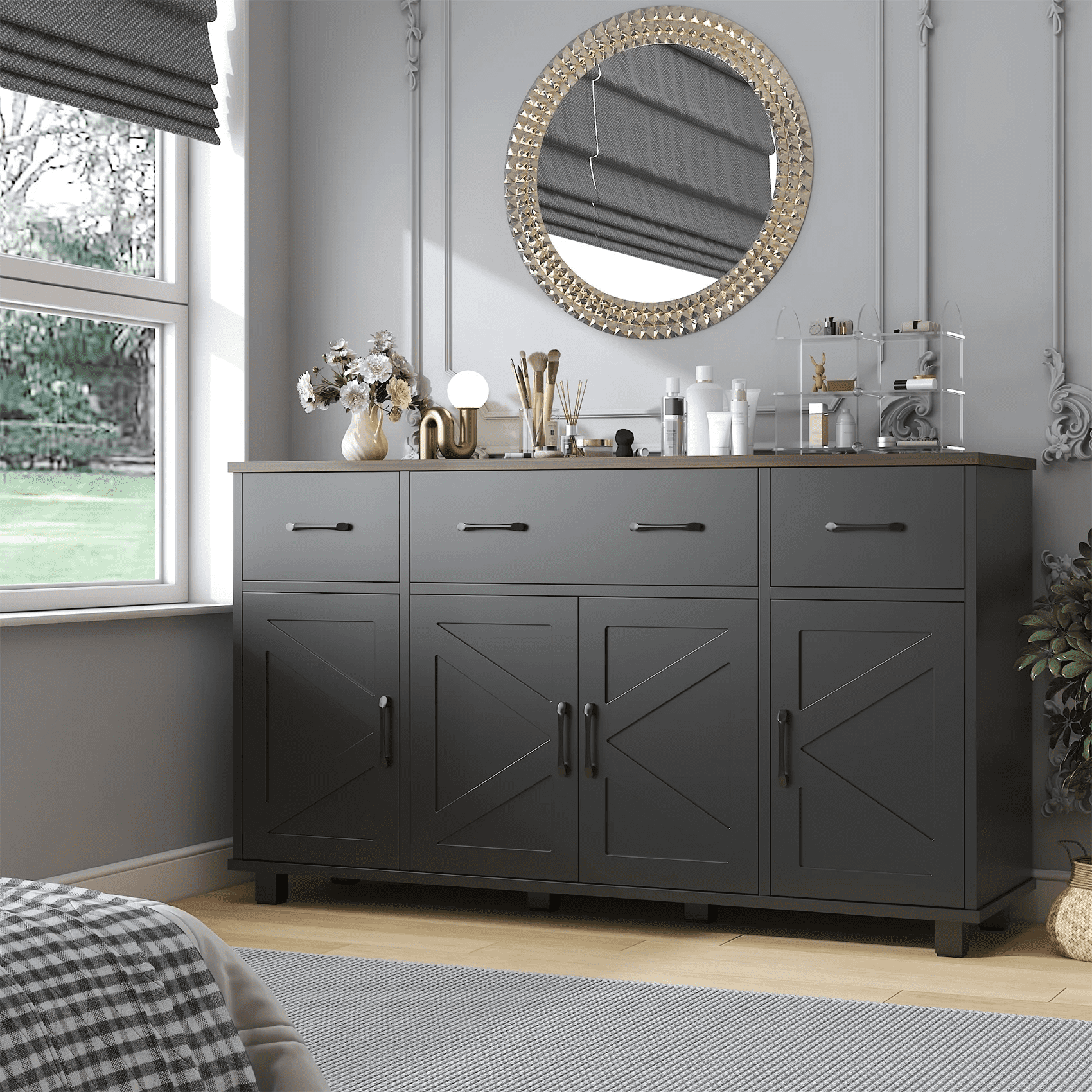 HAUXITIO Farmhouse Buffet Cabinet with 4 Barn Doors and 3 Drawers,Coffee Bar Sideboard for Kitchen & Dining Room,Black+Brown