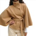 thumbnail image 2 of Ponchos con Mangas de Murciélago para Mujer, Abrigo de Lana con Cuello Alto y Cinturón, Chaqueta Corta de Invierno Caqui L, 2 of 6