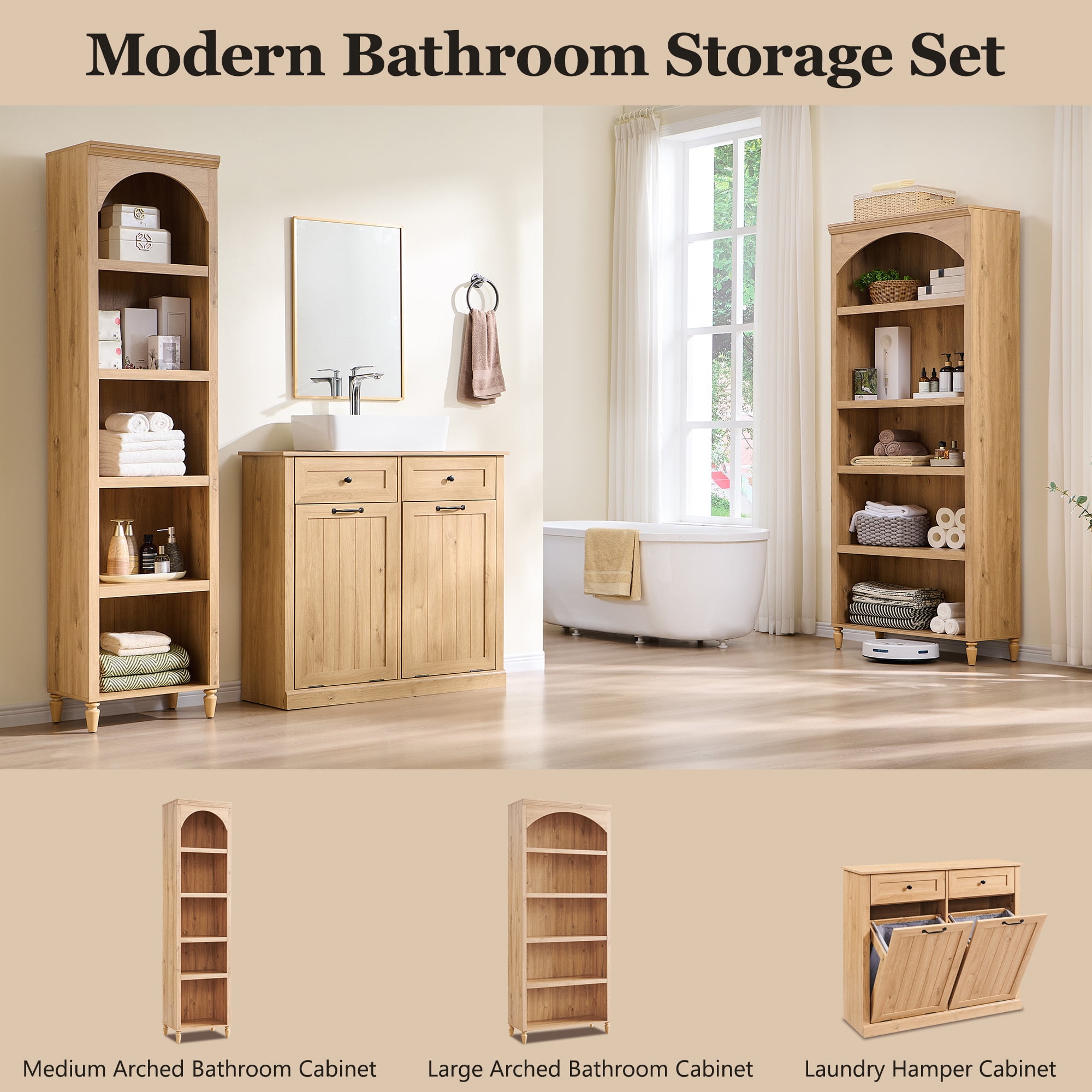 SinCiDo Tall Arched Bathroom Storage Cabinet with Adjustable Shelves, 5-Tier Bathroom Cabinet for Bathroom, Kitchen, Living Room, Natural