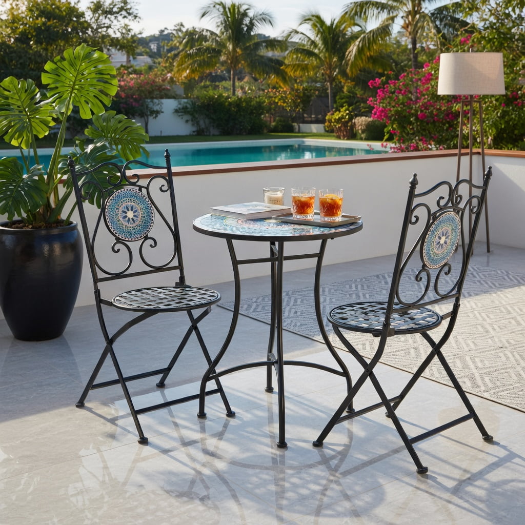 Hommoo 2-Pack Folding Patio Chairs with Mosaic Tile Design, Heavy-Duty Metal Frame, Indoor/Outdoor Use, Black