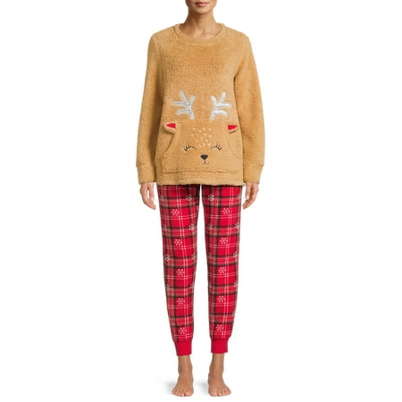 Sleep Nites Reindeer Sherpa Holiday Matching Family Christmas Pajamas Women's Sleepwear Set, 2-Piece, Sizes S-XL
