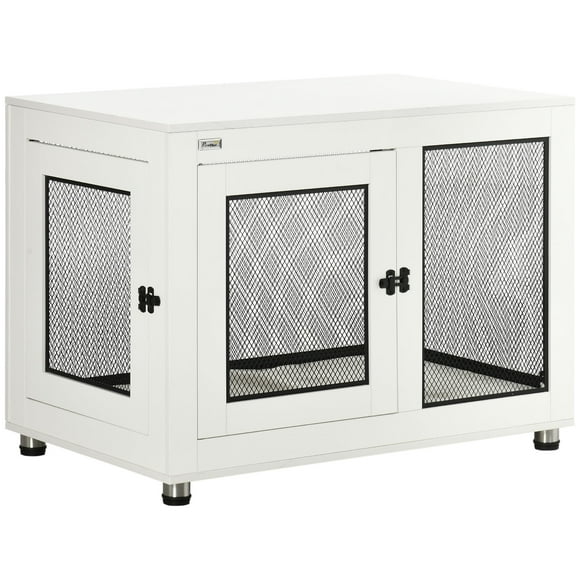 PawHut Pet Crate End Table with Water-resistant Cushion, Double-Door White