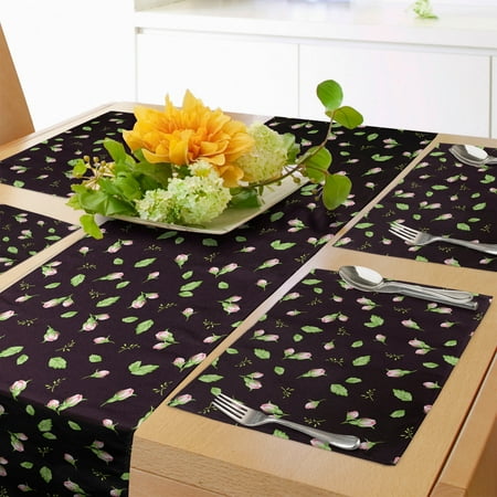 

Rose Table Runner & Placemats Rosebuds with Stems and Leaves on Dark Toned Background Feminine Themes Set for Dining Table Decor Placemat 4 pcs + Runner 16 x72 Pale Green Black by Ambesonne