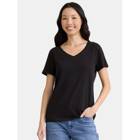 Time and Tru Women's Cotton V-Neck Tee with Short Sleeves,...
